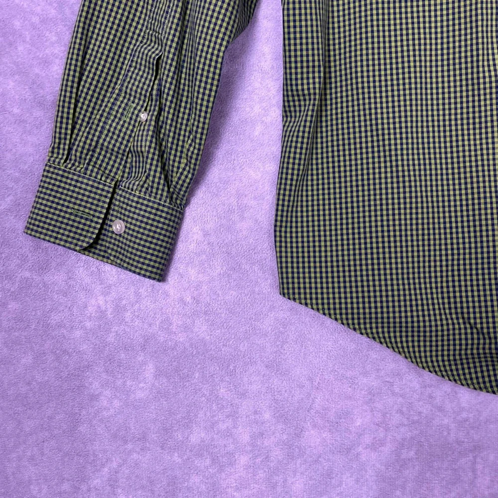 Lands' End Button Down Mens 16-33 Green Gingham No Iron Pinpoint Oxford